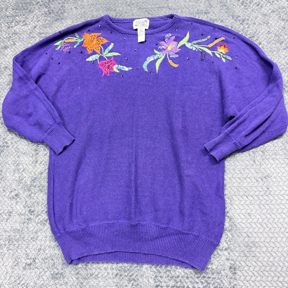 Vintage Lacy Afternoon by Shell Kepler Purple Floral Sequin Sweater Size Large